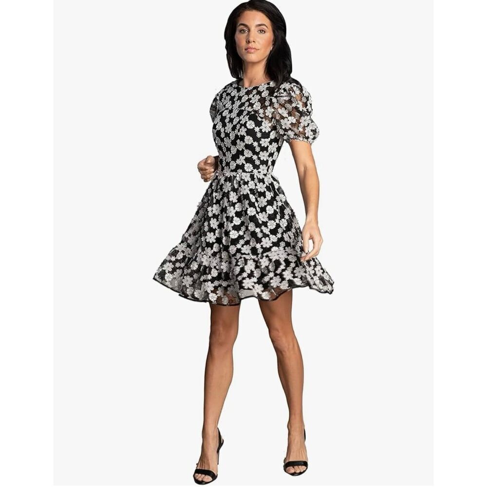 Dress the Population Lillianna Short Puff Sleeve Black & White Floral Crochet Ap